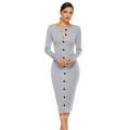 F009 Round collar open button long sleeve fashion sexy women's dress in long drawstring terylene slimming slim dress